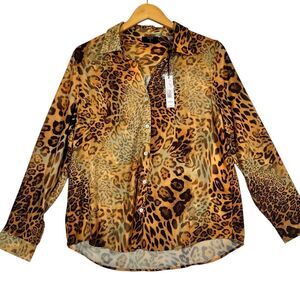 TAHARI‎ Animal Print Dress Shirt Leopard Cheetah Print Womens L NWT